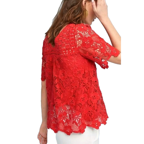 Anthropologie Vanessa Virginia Women's Top Size 4 Red Crochet Floral Mixed Print - Picture 2 of 8